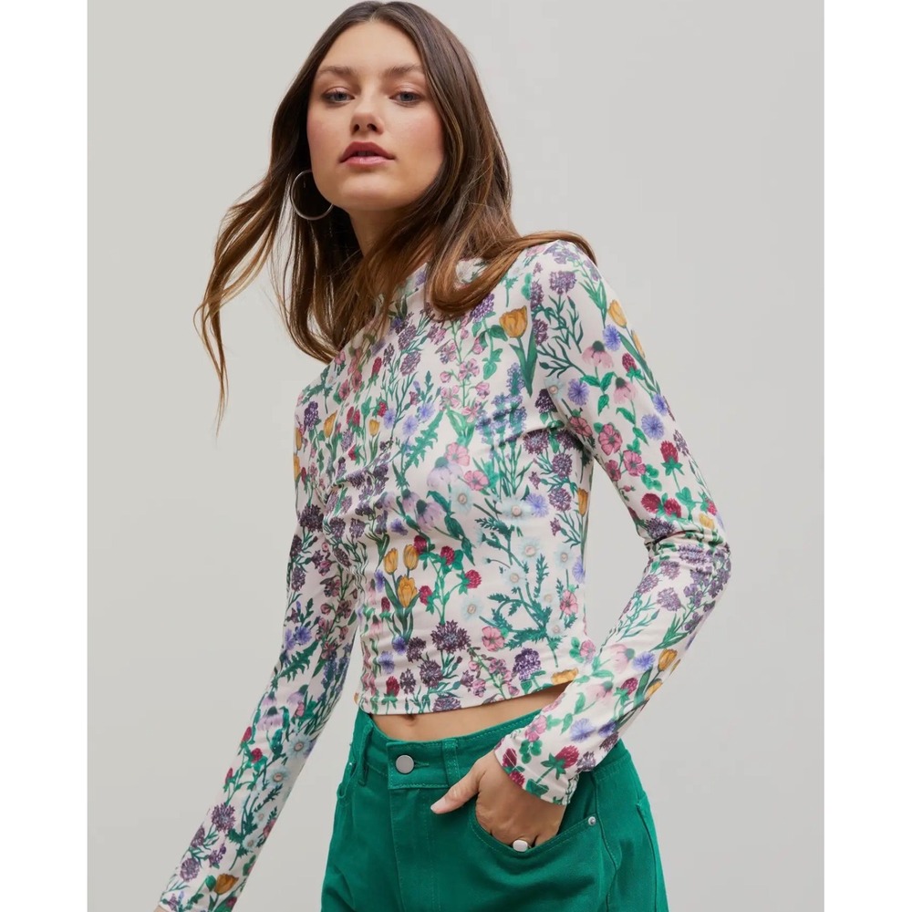 Cider Women Cream Wildflower Botanical Print Mock Neck Long Sleeve Top XL NEW